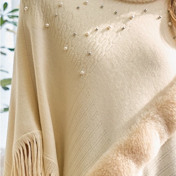 101. LAST 1!Cream pearl bead embellished shawl poncho sweater jacket cardigan - Picture 3 of 5